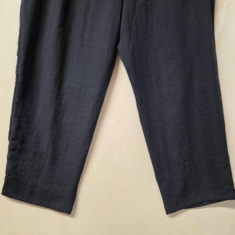 Fridaze Black 100% Linen Straight‎ Leg Elastic Waist Crop Pants Large Hong Kong